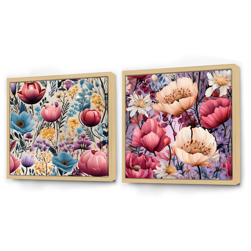 Cyprien - Ensemble de 2 collages carrés floraux, H 16 po x l 33 po, Cadre flottant brun