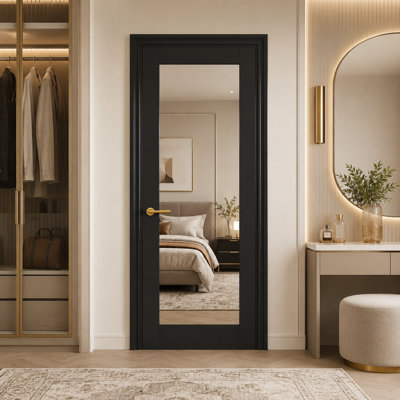 24" x 80" Black Primed 1-Lite Full-Length Mirror Solid Core Manufactured Wood Interior Door Slab for Closet, Bedroom and Bathroom, Without Frame and Hardware Kit
