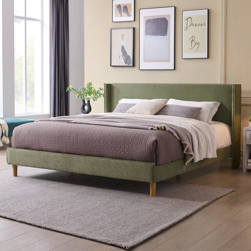 Janine Corduroy Upholstered Wingback Bed with Slat Kit and Solid and Manufactured Wood Frame, Turtle, King