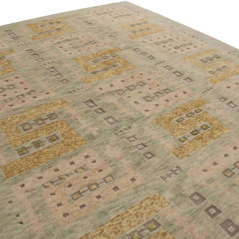 Rug & Kilim’S Scandinavian Style Rug In Green, Beige And Gold Geometric Pattern, Rectangle 5' x 8'