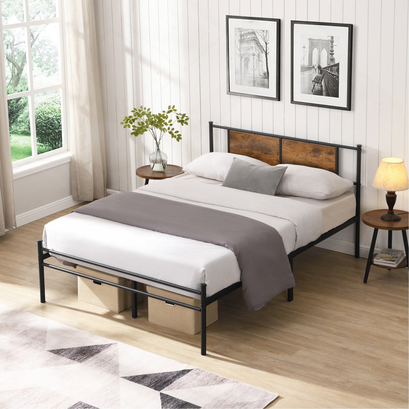 cadre de lit en métal, tête de lit avec décoration en bois, noir, Noir / brun, Grand lit