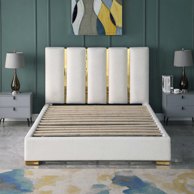 Queen Size,Upholstered Bed,Solid Wood Frame, High-density Foam, Gold Metal Leg -  Everly Quinn, 61DD00CCA5014901AF3D627F9F8B9621