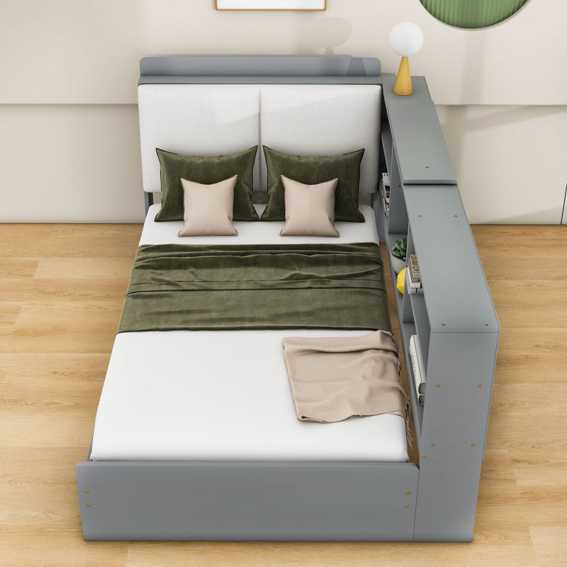 Lit plateforme simple avec tablettes de rangement et 2 tiroirs, Blanc