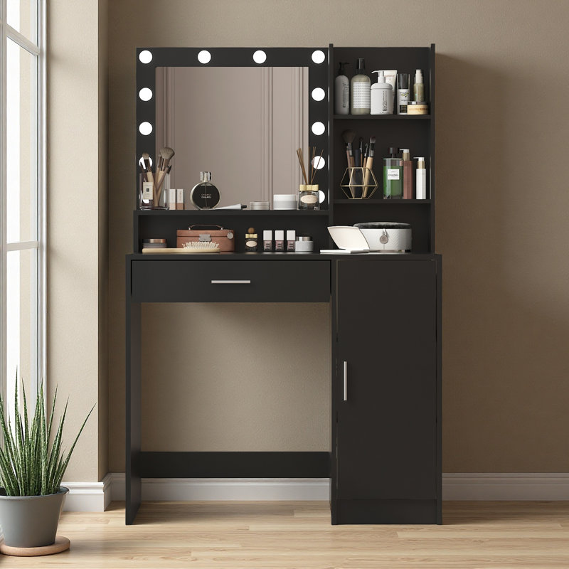 Bureau de coiffeuse avec miroir et lumière, commode de rangement à trois niveaux avec grand tiroir, 3 modes d'éclairage à luminosité réglable
