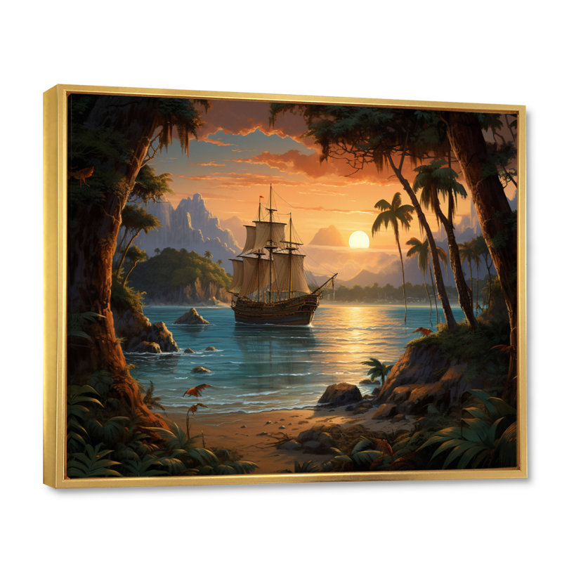 Pirate Boat Lost Isles - Pirate, reproduction d'art sur toile encadrée, Cadre flottant doré, H 24 po x l 32 po x P 1 po