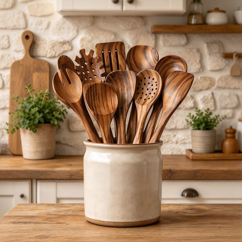 10 Piece Solid Wood Cooking Utensils Set, Culinary Full Set
