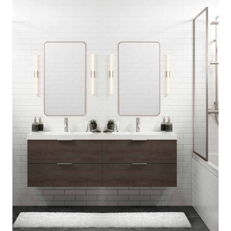 Avila 60" W Wall Mounted Double Bathroom Vanity, Charred, Polished Nickel, Matte White/Single