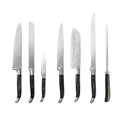 French Home 7 Piece Laguiole Connoisseur Black Pakkawood Kitchen Knife Set with Knife Sharpener