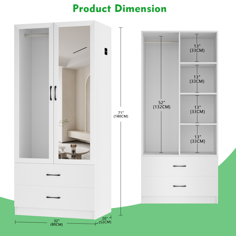 2 Doors Armoire Wardrobe With 2 Drawers And Human Sensory Module, Natural