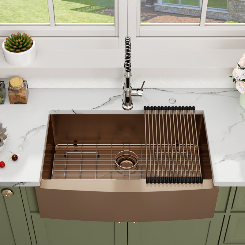 36"L x 21"W Rose Gold Undermount Farmhouse Kitchen Sink Deep Single Bowl Stainless Steel Sink with  Dish Drying Rack