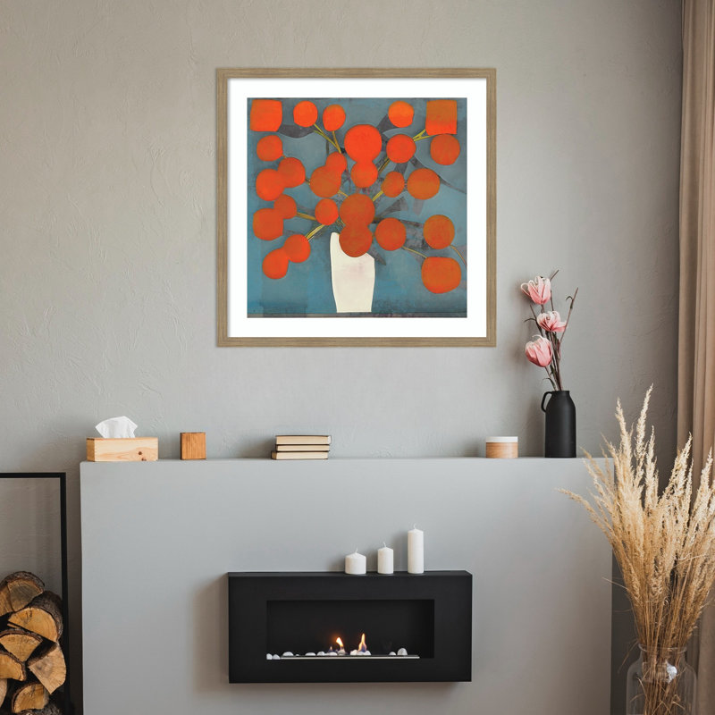 «Abstract Orange Flowers» par Elena Ray, impression sur bois encadrée, Brun, H 34 po x l 34 po