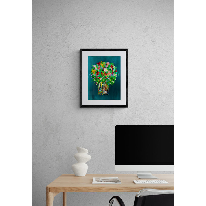 Flowers On Teal Print by Jphono 1, Black Framed Paper, White, 21.25" H x 17.25" W x 0.875" D