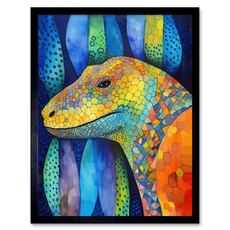 Komodo Dragon Vibrant Folk Art Watercolour Painting Artwork Framed Wall Art Print 9X7 Inch