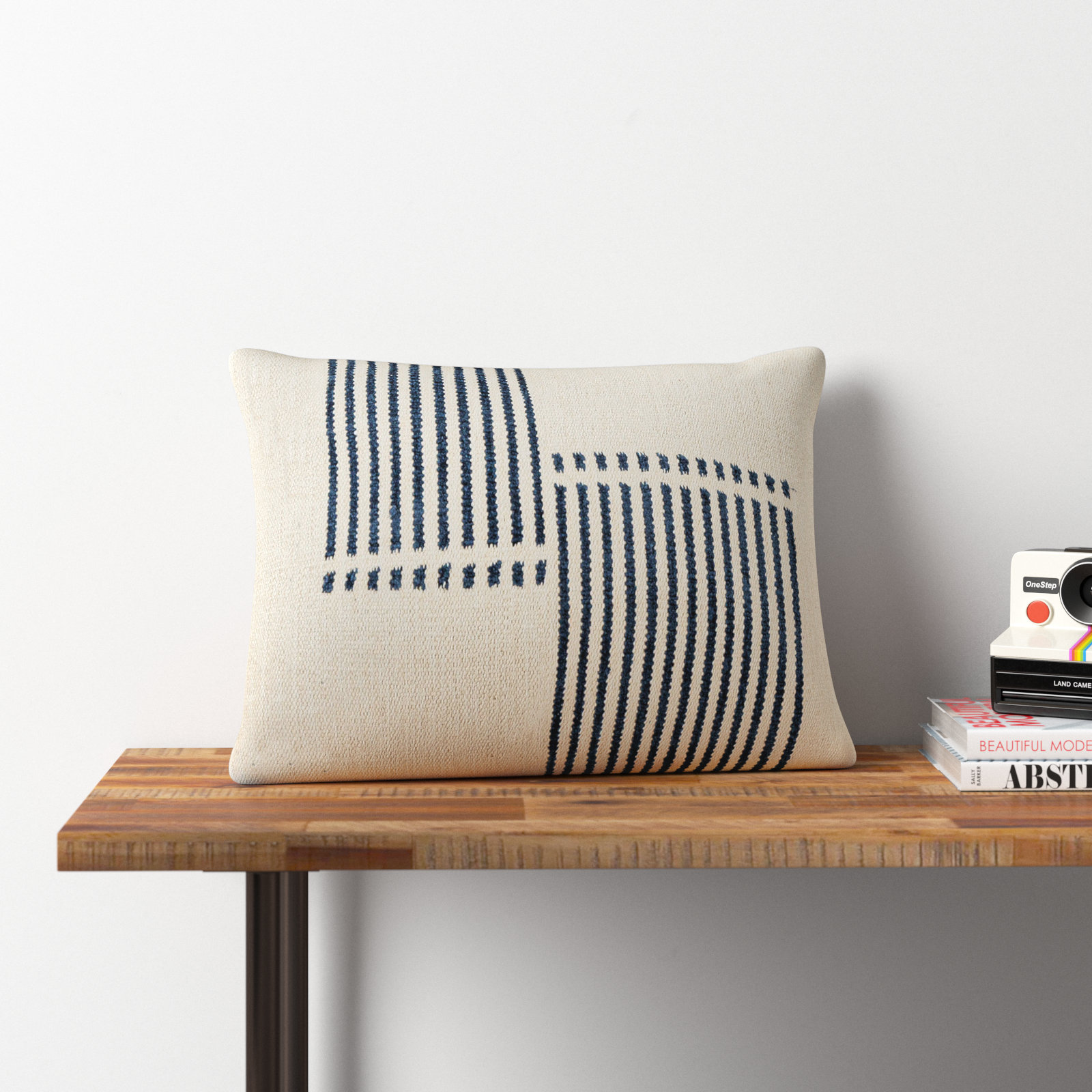 Carlus Striped Cotton Lumbar Throw Pillow, Natural/Blue