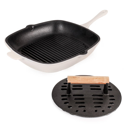 Ensemble de fonte 2 pièces Neo: poêle à griller de 11 po avec presse à steak rainuré et huître