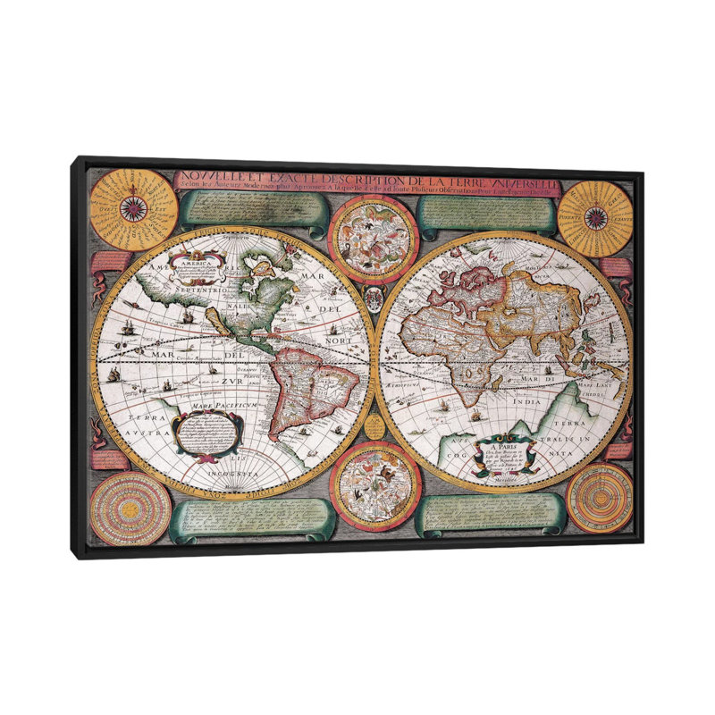Antique Map Terre Universelle, 1594, impression sur toile, H 18 po x l 26 po x P 1,5 po, Toile encadrée noire, Pas de tapis