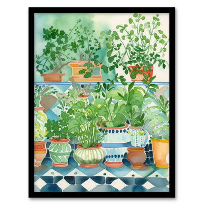 Fresh Herb Plant Pots On Tiled Shelves Folk - Single Picture Frame Print
