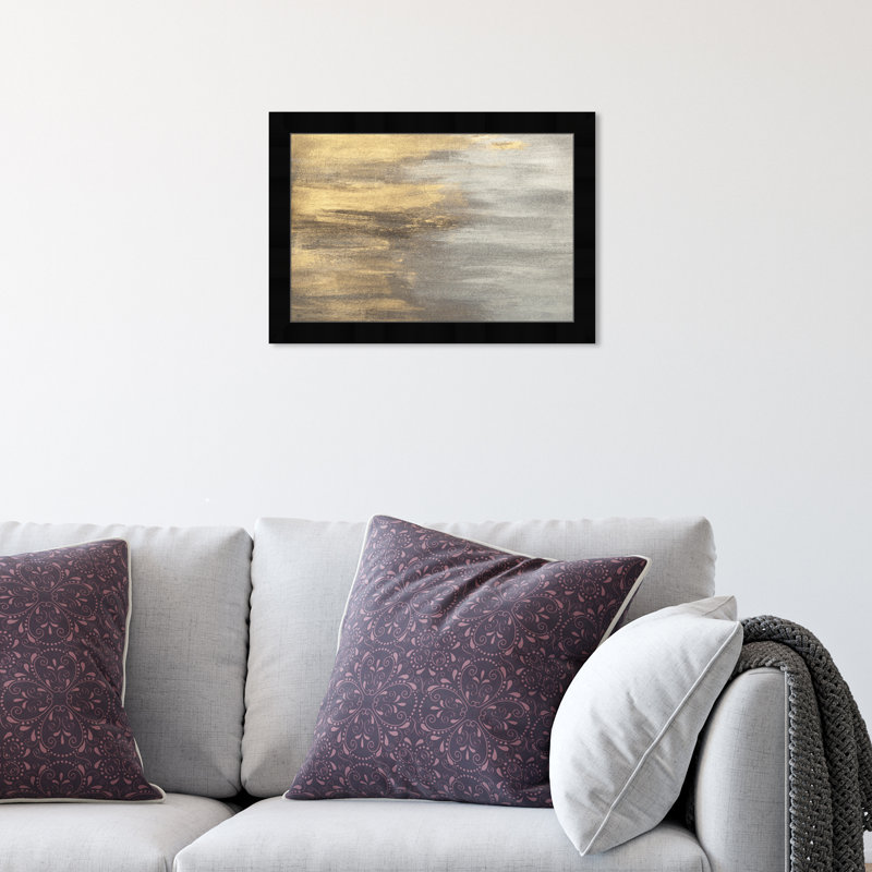Reproduction d'art encadrée abstraite dorée et argentée pour chambre à coucher, H 12 po x l 17 po, Cadre noir