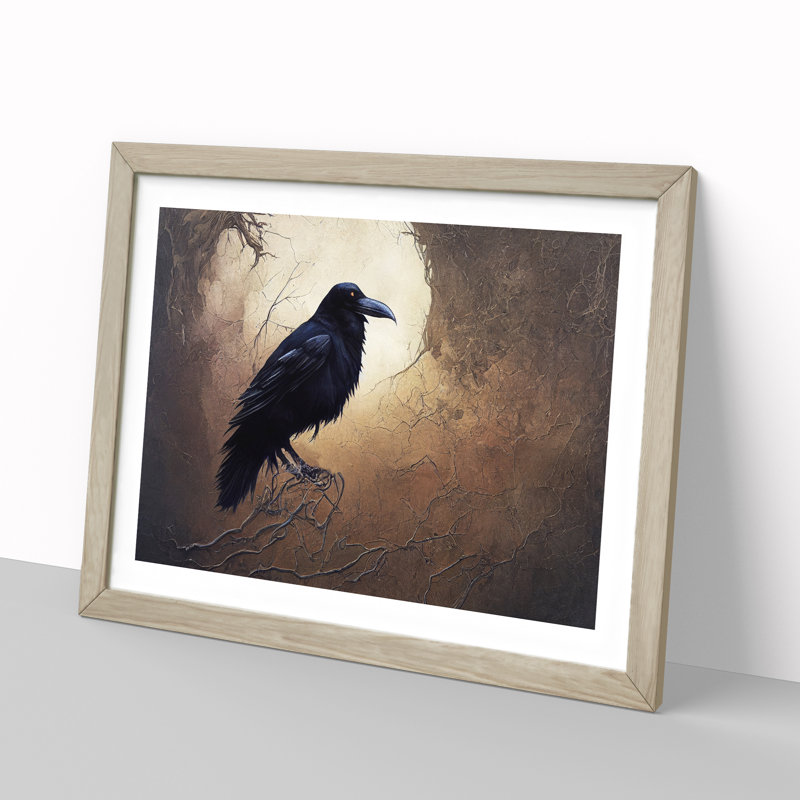 Mysterious Raven Bird - Single Picture Frame Print, 46cm H x 64cm W, Beige