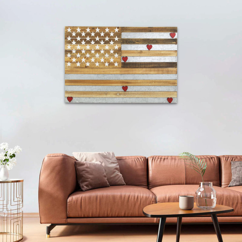 Tellur 36" Wood & Galvanized Metal American Flag Wall Art with Magnets, Brown Rustic