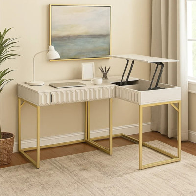 Fredie Corner Desk With Lift-Top USB Port, Gold Frame, Walnut Brown