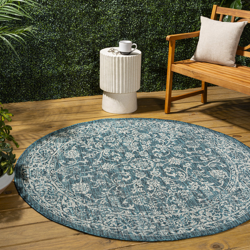Leonora Bohemian Textured Weave Floral Teal/Gray Indoor/Outdoor Rug, Round 7'9"