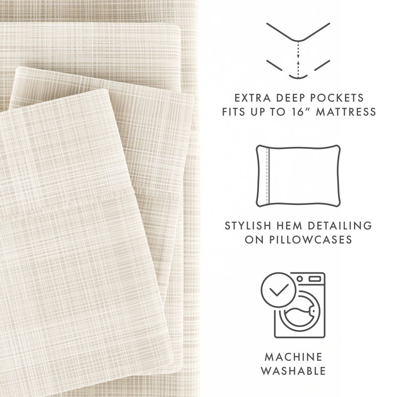 Ray Thatch Pattern Microfiber Queen Sheet Set in Light Beige