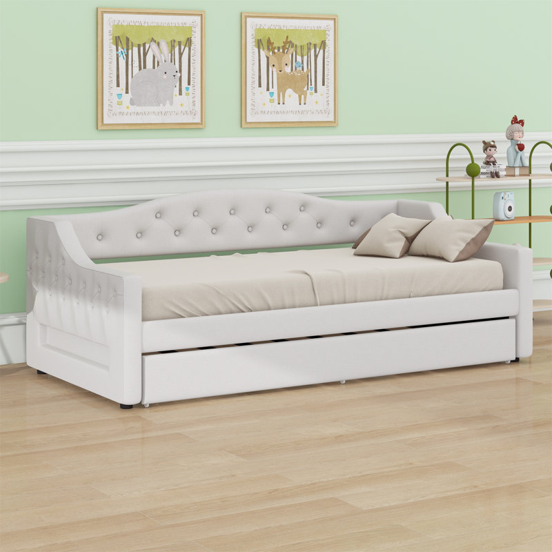 Lit de jour rembourré avec ceinture DEL et lit gigogne, Beige