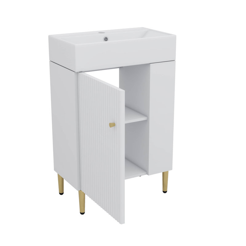 Ensemble de meuble-lavabo autoportant 21,6 po avec pieds en métal et rangement à droite, Blanc