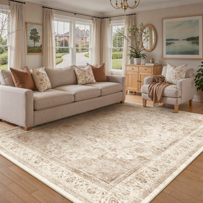 Stella Oriental Beige Area Rug with Non-Slip Backing & Roll-Pack Design