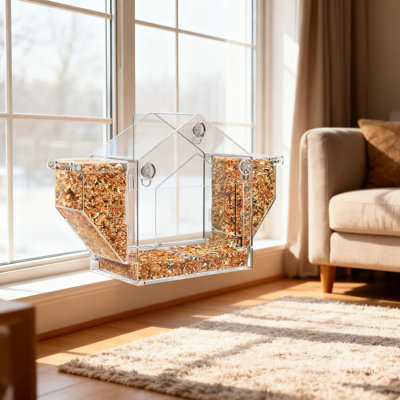 Mangeoire pour fenêtre avec ventouses robustes et fixation adhésive, grande mangeoire pour oiseaux à l'épreuve des écureuils de 6,8 po pour les oiseaux en plein air avec rangement pour aliments de grande capacité