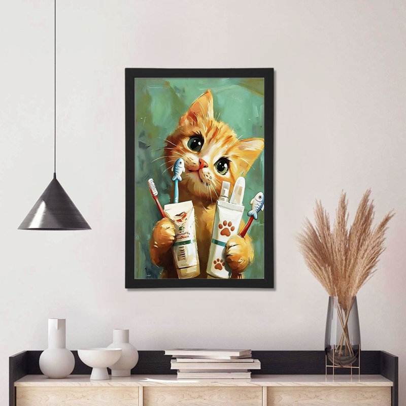 Chat orange avec des brosses à dents, impressions sur toile, art mural avec cadre noir, 12 po x 18 po pour salle de bain et chambre d'enfant