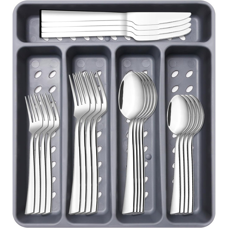 Ensemble de couverts en acier inoxydable 20 pièces avec plateau de rangement, ensemble de couverts robustes pour 4 personnes comprenant fourchettes, cuillères, couteaux et ensemble de couverts de cuisine allant au lave-vaisselle