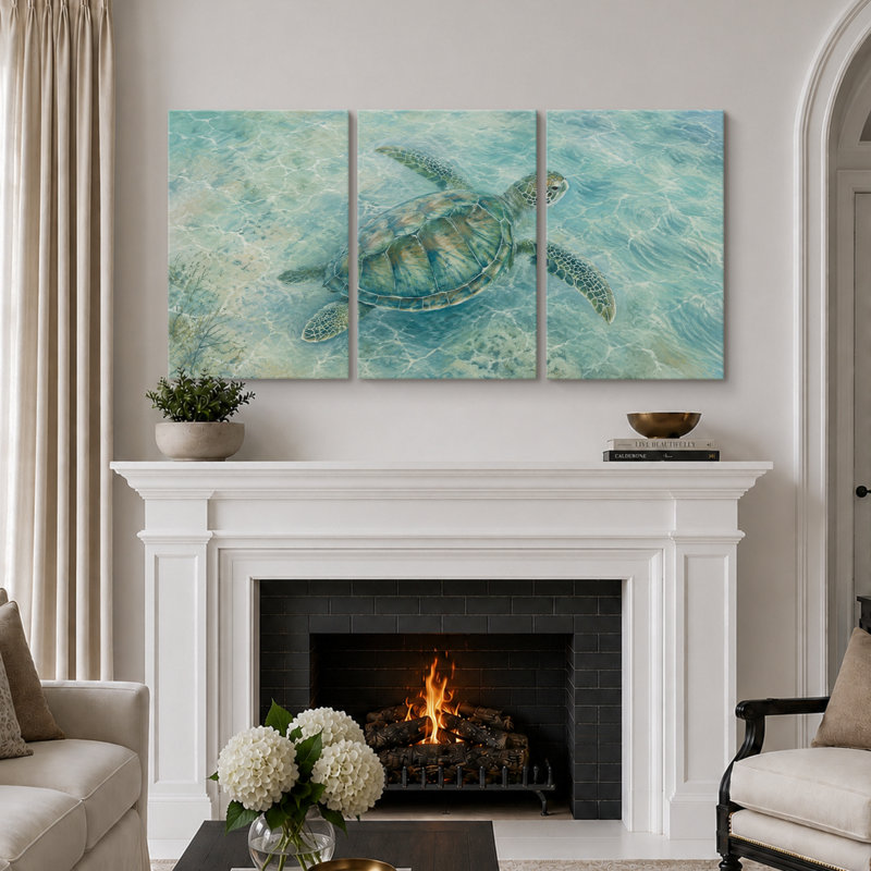 Art de tortue de mer, images de salle de bain, impression sur toile encadrée, 3 pièces, 36" H x 72" W x 1.5" D