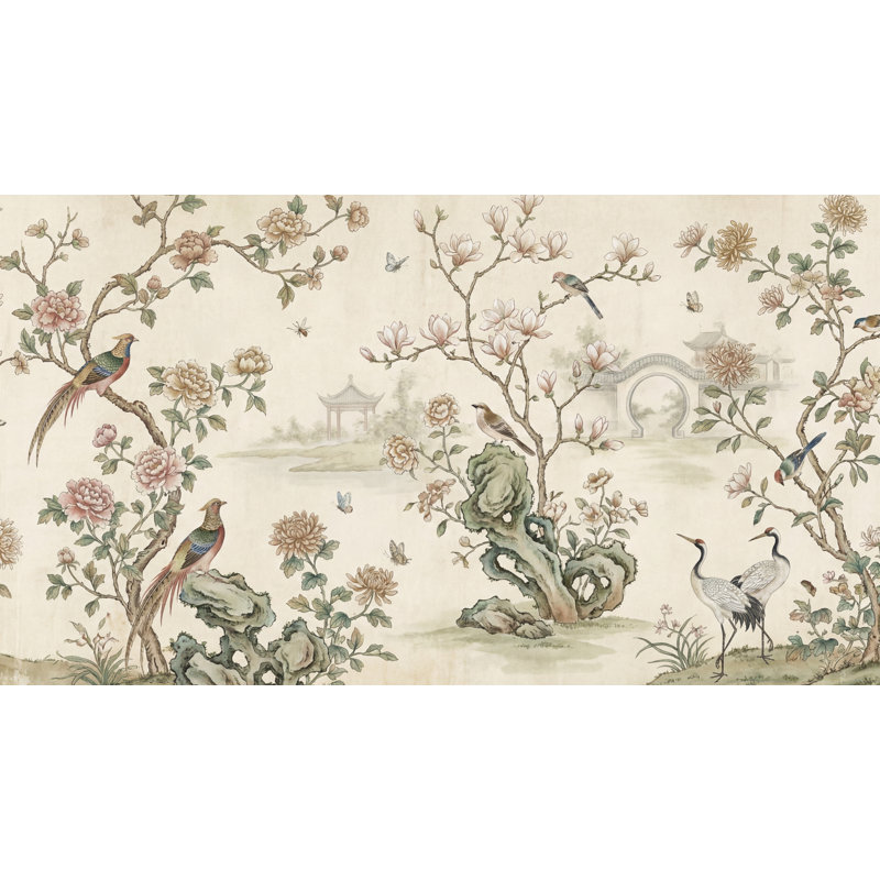 Papier peint floral oiseaux asiatique, 100 po x 96 po, Peler et coller