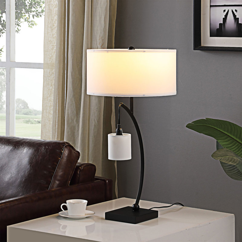 Lampe de table contemporaine à double arc en métal avec pendule suspendu et éclairage réglable, Noir mat