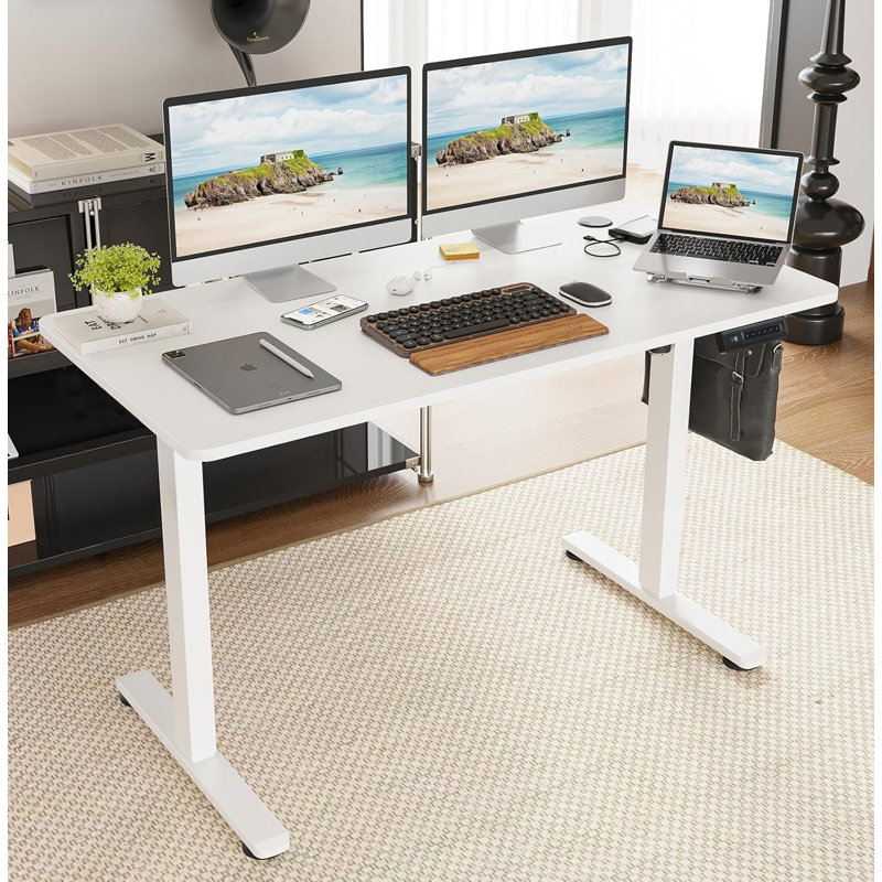 Hubing Electric Height Adjustable Standing Desk With 2 Usb Ports And 3 Power Outlets，4 Lockable Casters, 2 Hooks, Big Mouse Pad