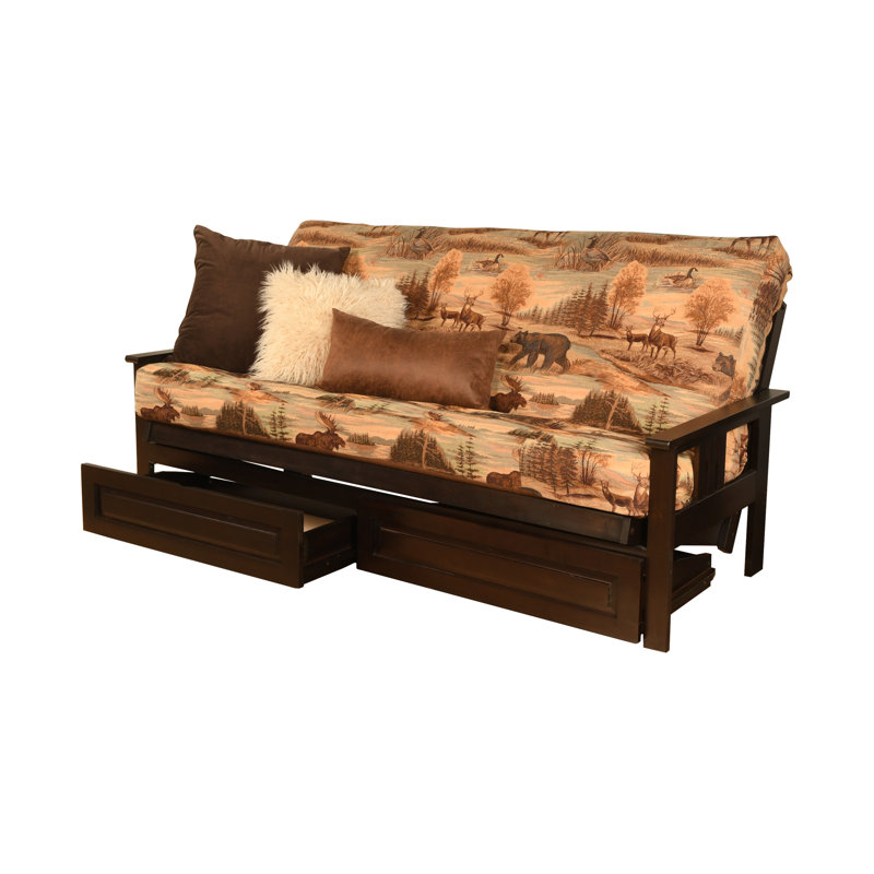 Stratford Full 79" Futon Frame and Mattress with Drawer Set, Canadian Polyester Blend, Butternut