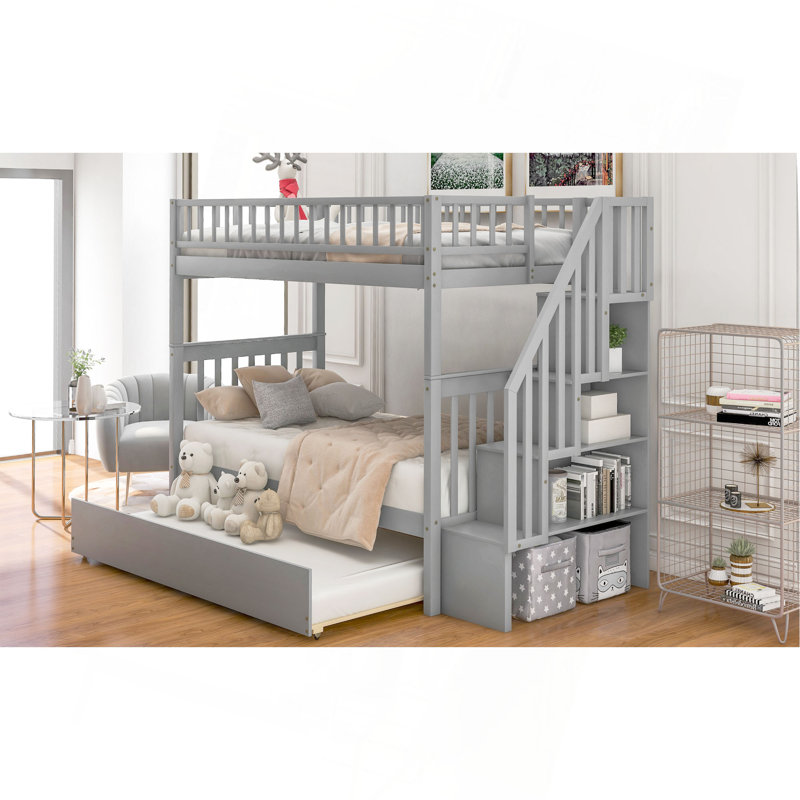 Lit superposé simple au-dessus d'un lit simple avec lit gigogne et rangement, gris, Gris