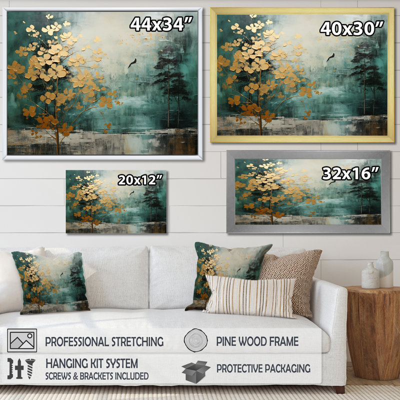 «Golden Emerald Forest - Abstract Spirals», art encadré, Cadre simple noir, H 12 po x l 20 po x P 1 po