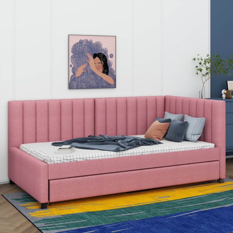 Upholstered Daybed With Hidden Sliding Sofa Bed Frame, Twin, Pink