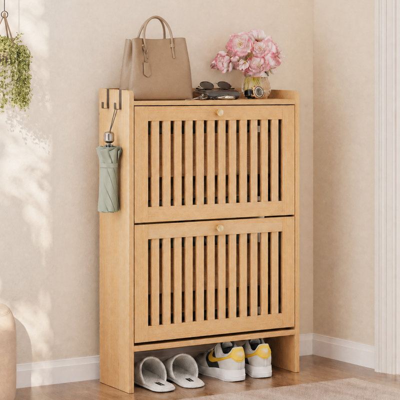 Armoire à chaussures 12 paires avec 2 tiroirs rabattables et tablettes réglables, Bois naturel
