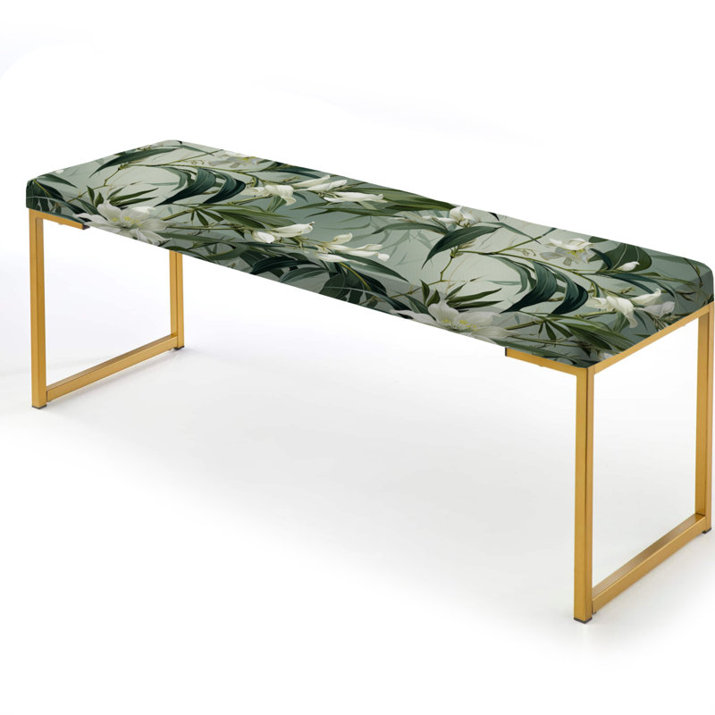 Oriental Upholstered Gold Bench, Bamboo Elegance Tropical