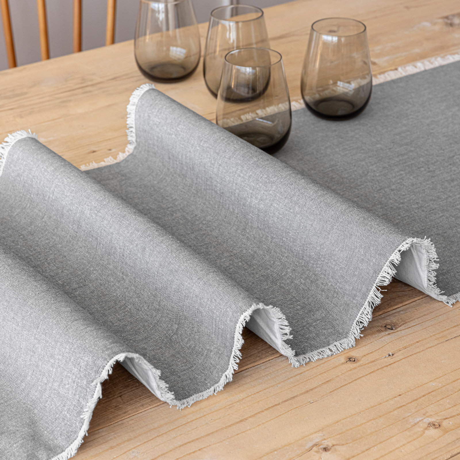 over&back Woven Frayed Chambray 108" Table Runner, Gray, 18" W x 108" L
