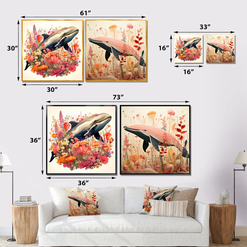 «Vintage Floral Whale Decor I», ensemble de 2 reproductions d'art mural baleine, Cadre noir, H 36 po x l 73 po x P 1,5 po