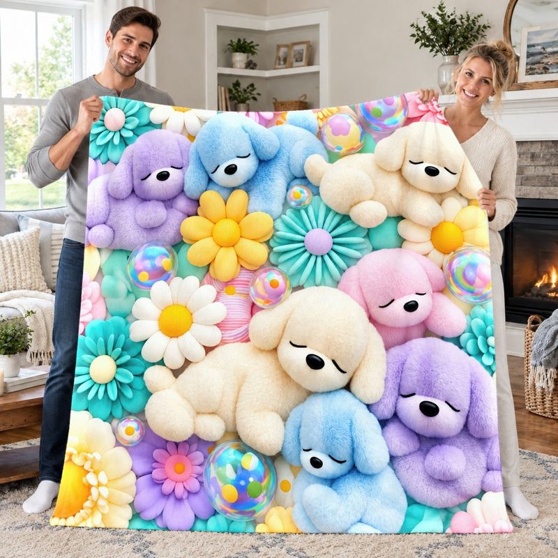 1pc Cozy Plush Throw Blanket, Adorable Cartoon Dog and Floral Print Flannel Blanket, Ultra Soft Warm Lightweight Blanket for Sofa Couch Bed Living Room Dorm Office Travel, Home Decor All-Season Gift