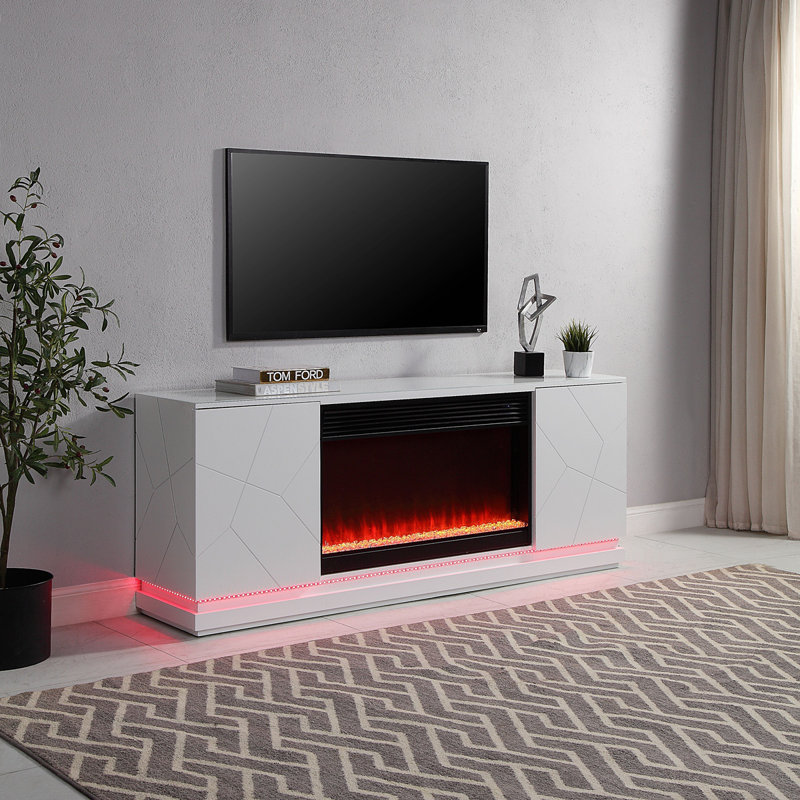 Console de télévision 71 po avec foyer Harward, haut-parleur, DEL, armoires, bois blanc Harward