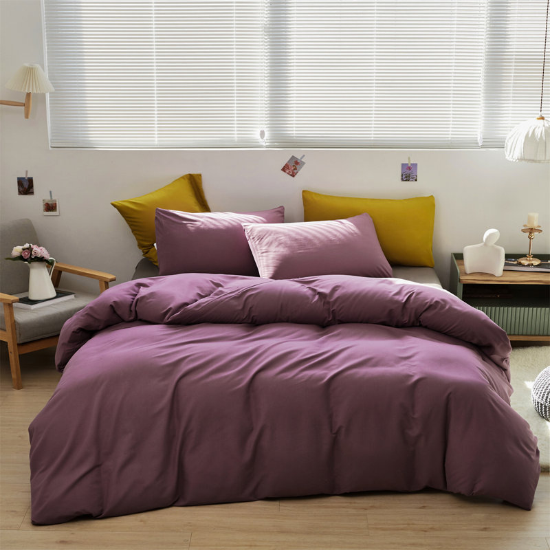 Solid Color Comforter Light Color 3 PCs Bedding Set Pure Color Bed Comforter Set, Purple, King Comforter + 2 Pillowcases
