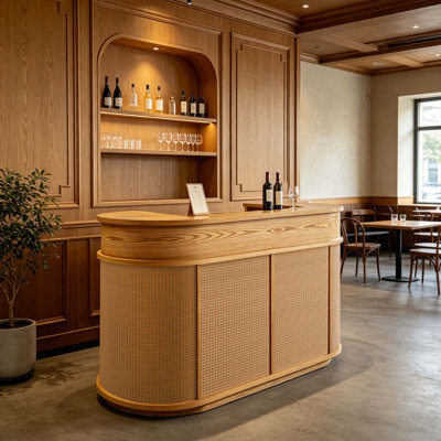 Modern Curved Bar Counter with Woven Panel Design and Spacious Countertop, Freestanding Home Bar for Restaurant, Cafe, Lounge and Entertainment Space