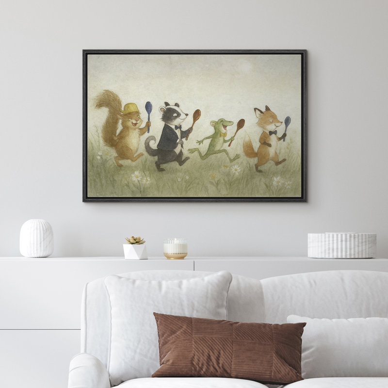 «Whimsical Animal Parade Kids Room Decor», reproduction d'art sur toile encadrée, H 24 po x l 36 po, Noir